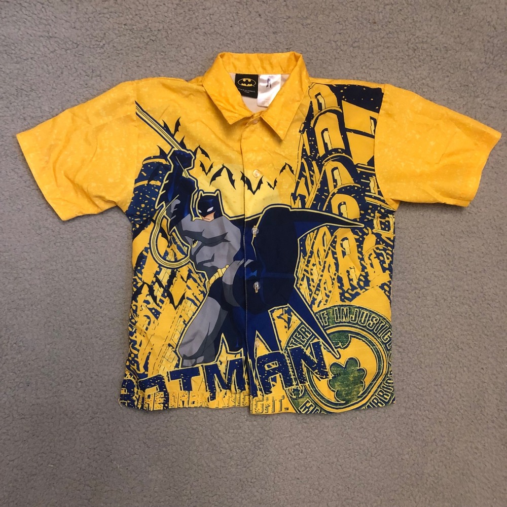 Batman The Dark Knight Boys Shirt Size 7 Yellow DC Comics Short Sleeve Button Up